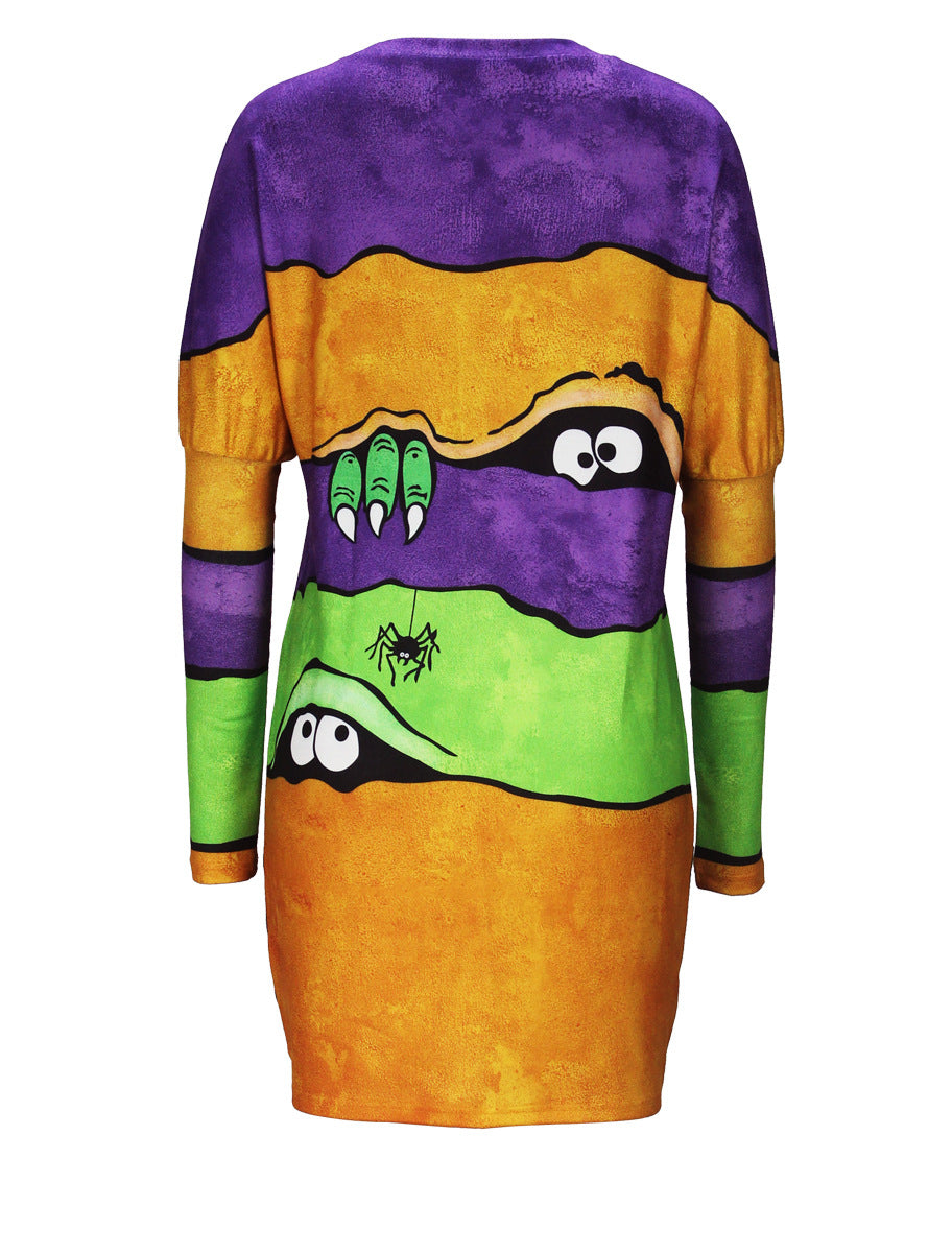 Halloween Printed Pocket Round Neck Long Sleeve Women's Top 12