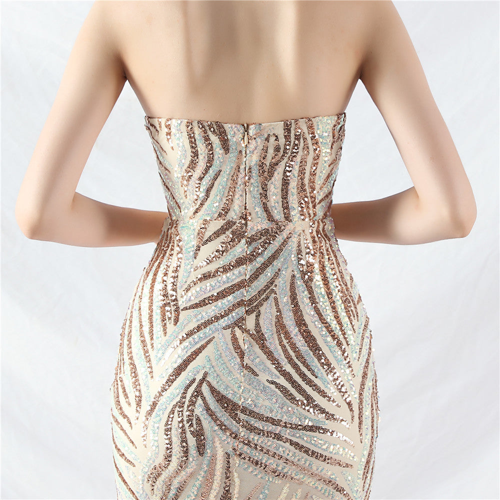 Sequin Mesh Patchwork Strapless Mermaid Evening Dress 33