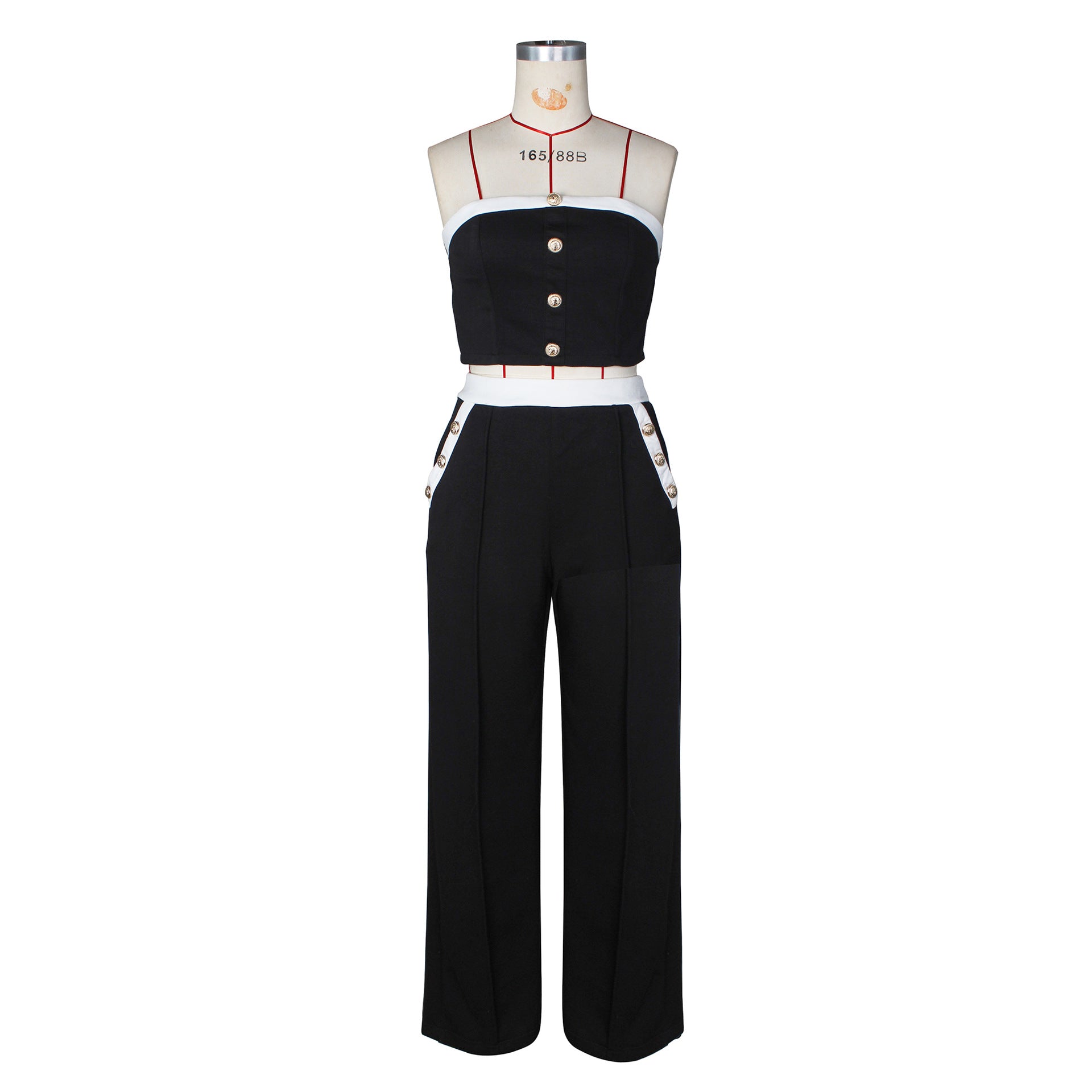 Sexy Color Blocked Decorative Button Straight High Waist Wide Leg Women's Pants Set 17