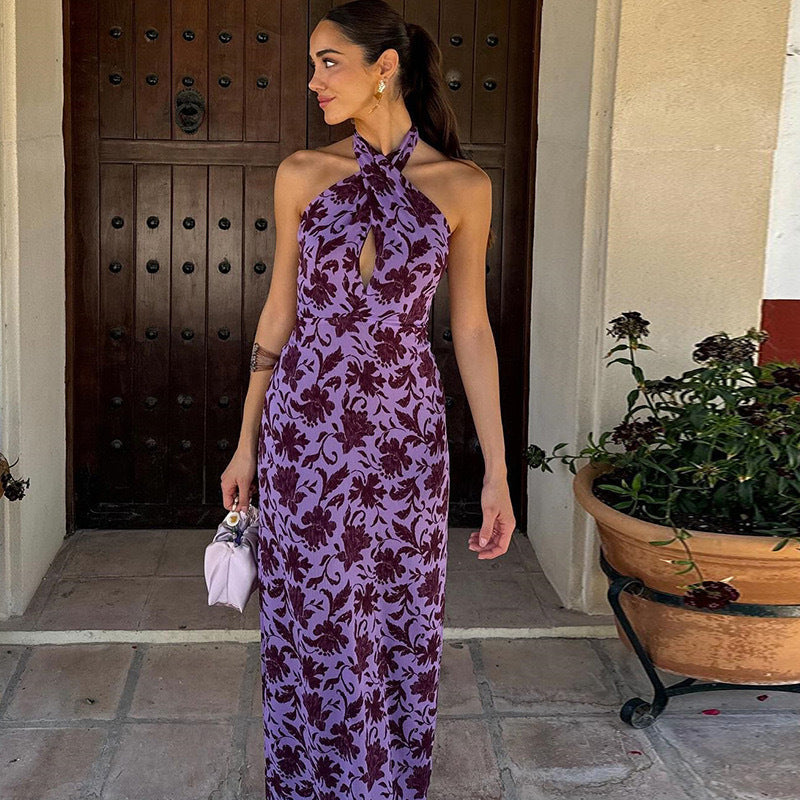 Spring Summer Women's Printed Halter Neck Lace-up Sexy Low-Back Slim Dress