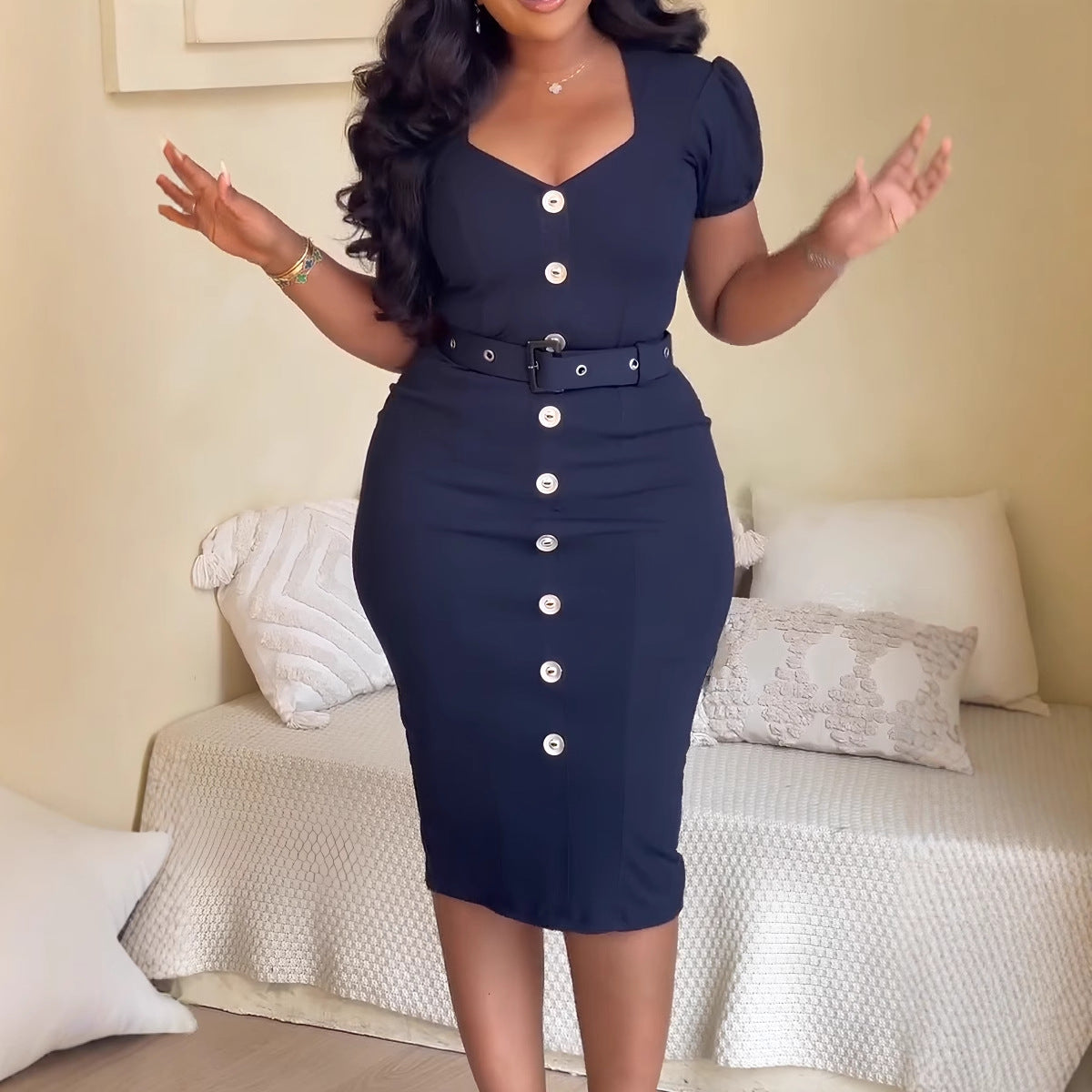 Square Neck Slim Waist Back Slit Bodycon Dress