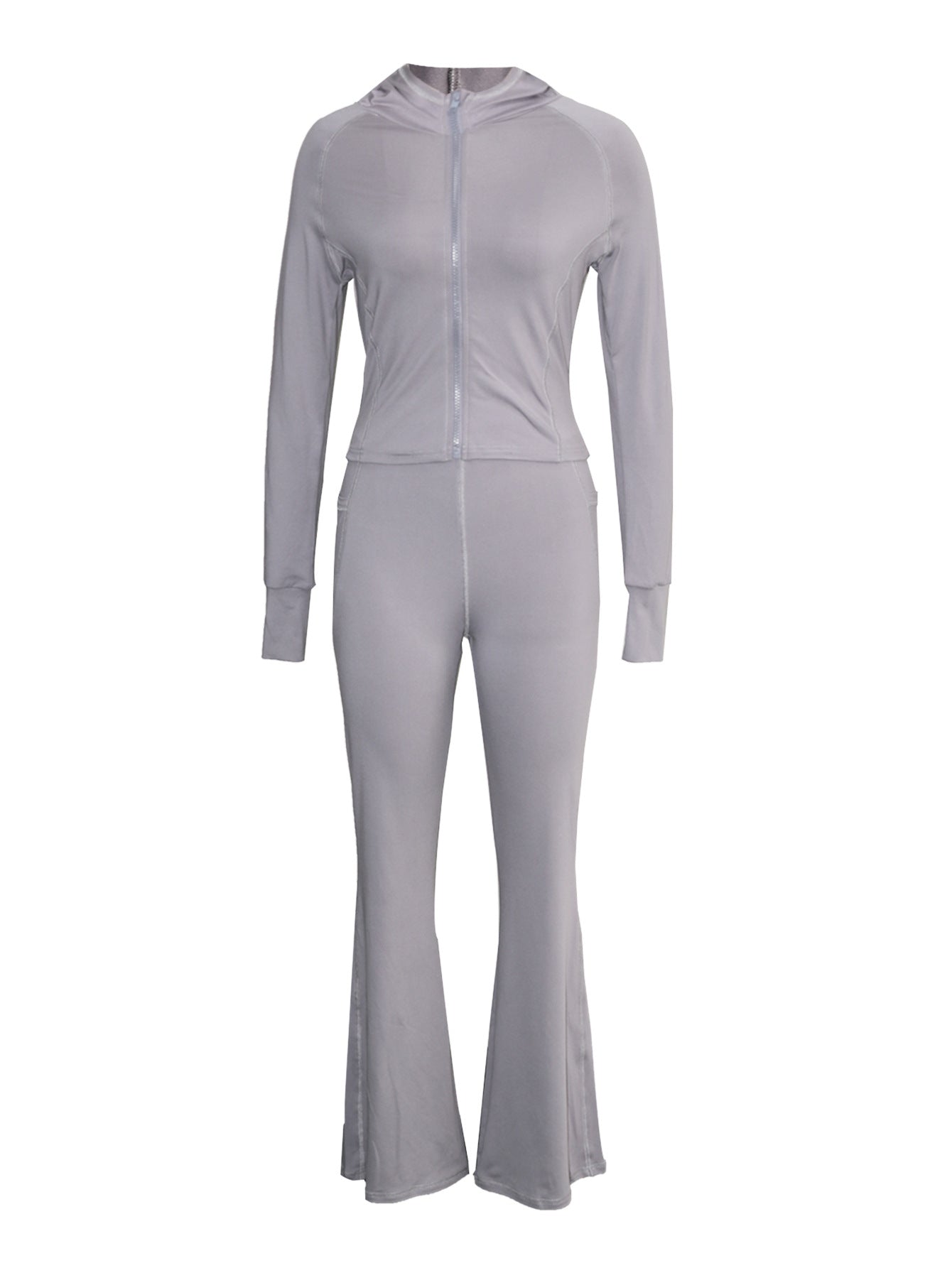Women's Casual Gray High Stretch Hooded Zipper Top Slim Fit Trousers Sports Suit 7