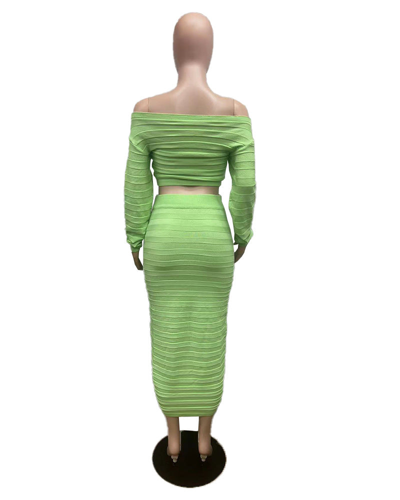Women's Autumn and Winter Fashion Long Sleeve Off Shoulder Crop Top Drawstring Skirt Knitted two piece Set 18