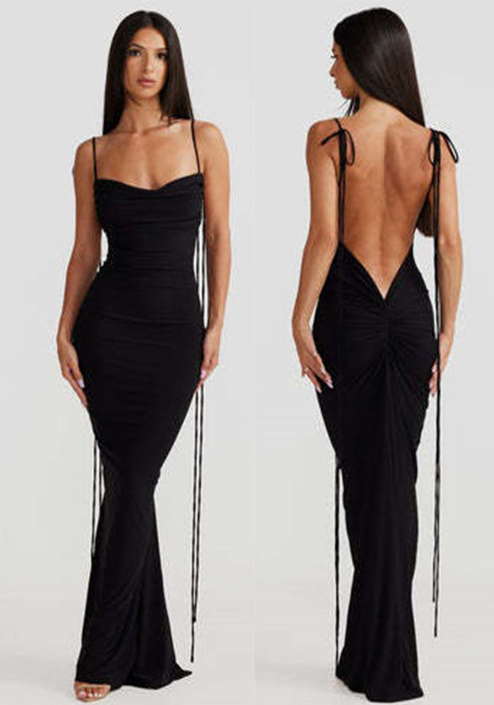 Women pleated sexy Backless Suspender Solid Maxi Bodycon Dress