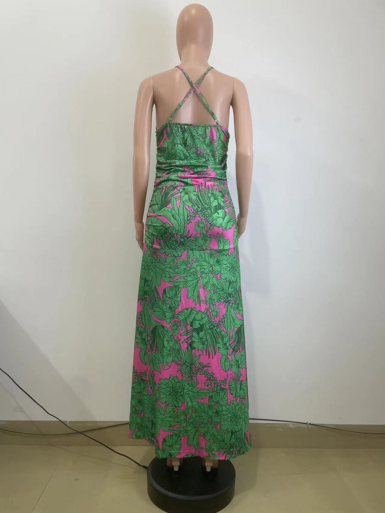 Women Summer Sexy Strap Print Slit Long Dress 5