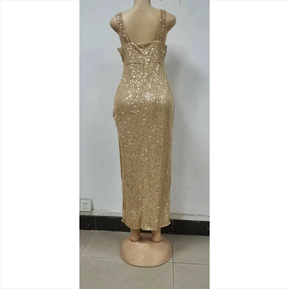 Women Gold Halter Neck Slit Sequin Sexy Party Evening Dress 9