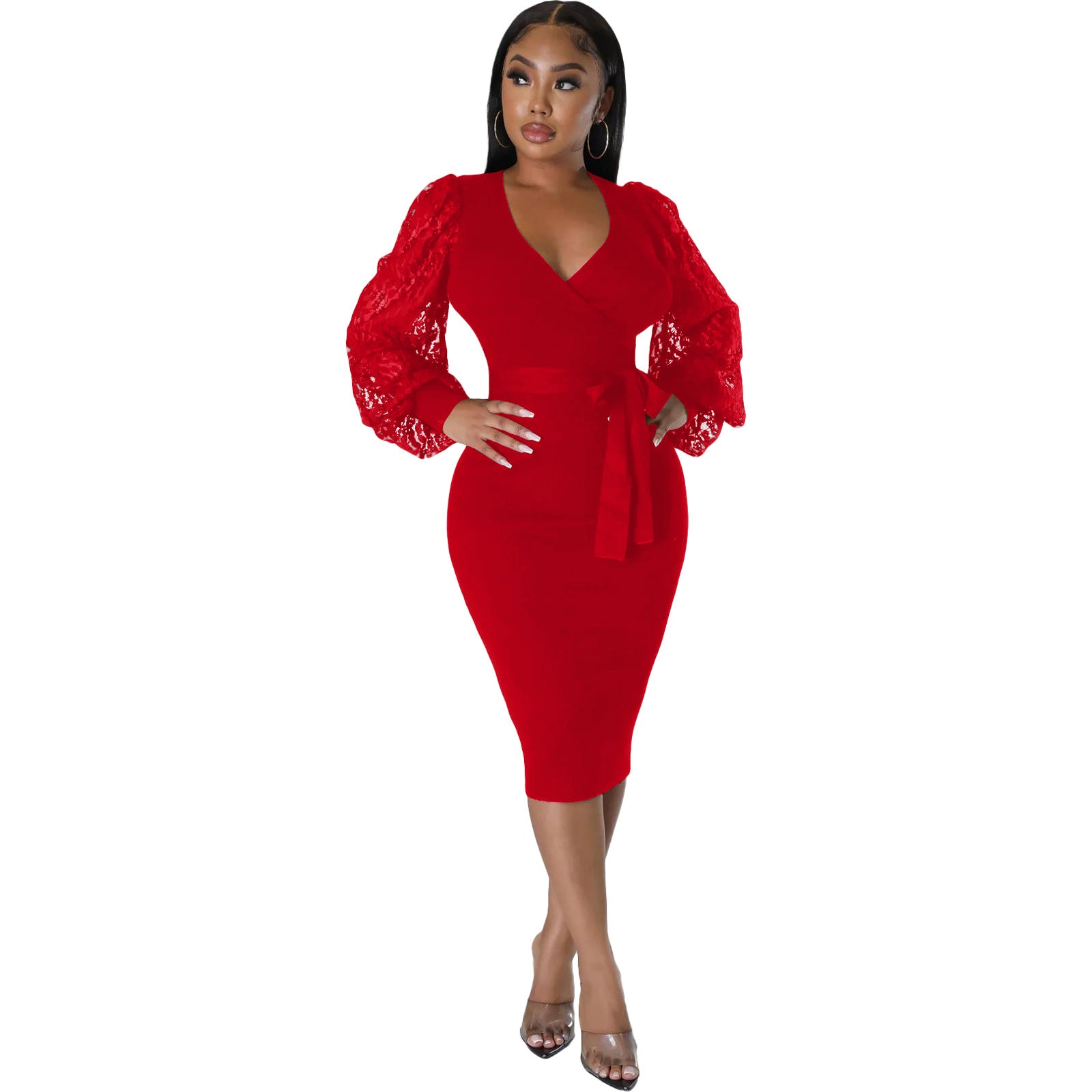 Women'S Fashion Solid Color Lace Lantern Sleeve Slim Midi Bodycon Dress 6