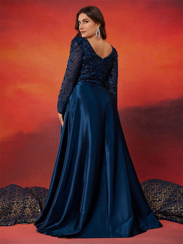 Plus Size Women Sequin Patchwork V-neck Long Sleeve Evening Dress 3