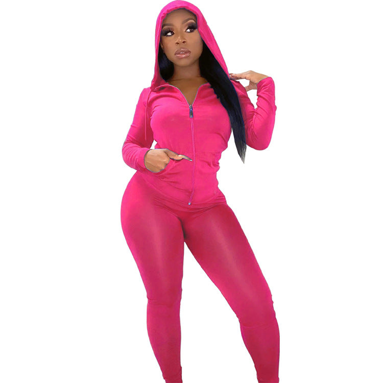 Women Casual Sports Running Fitness Zippered Hooded Top Long Pants Two-piece Set 10