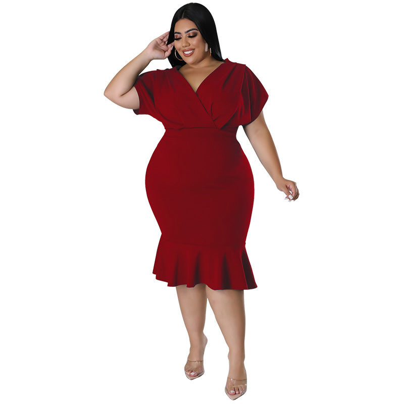 Fashion Plus Size Women's Summer Style V-Neck Solid Bodycon Dress 17