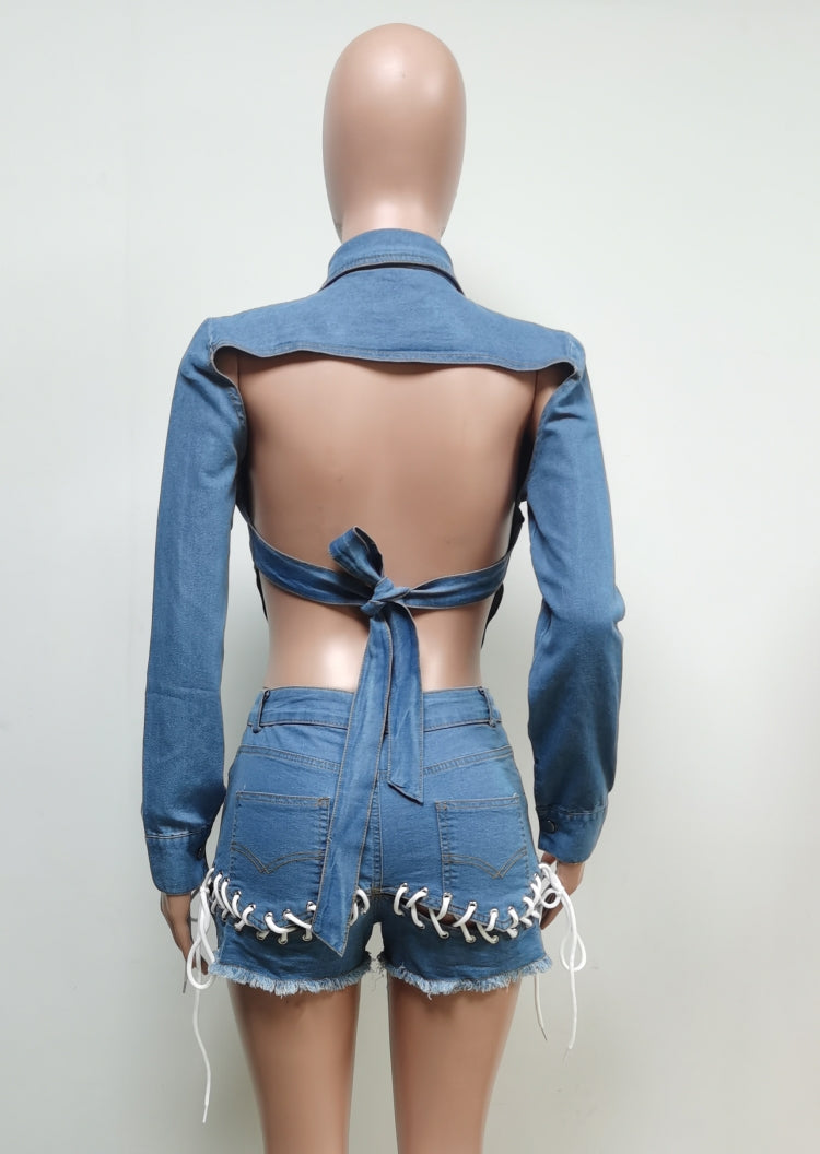 Autumn Long Sleeve Denim Cropped Top and Shorts Set 3