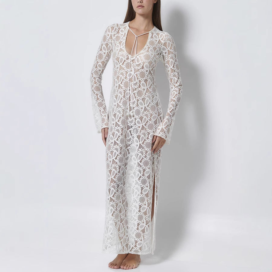 Spring Summer Long-Sleeved See-Through Lace Loose Holidays Slit Dresses 5