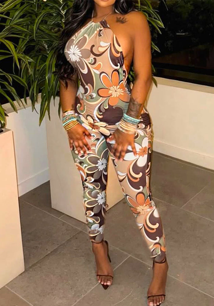 Women's Summer Sexy Deep Low Back Halter Neck Fashion Print Slim Fit Jumpsuit