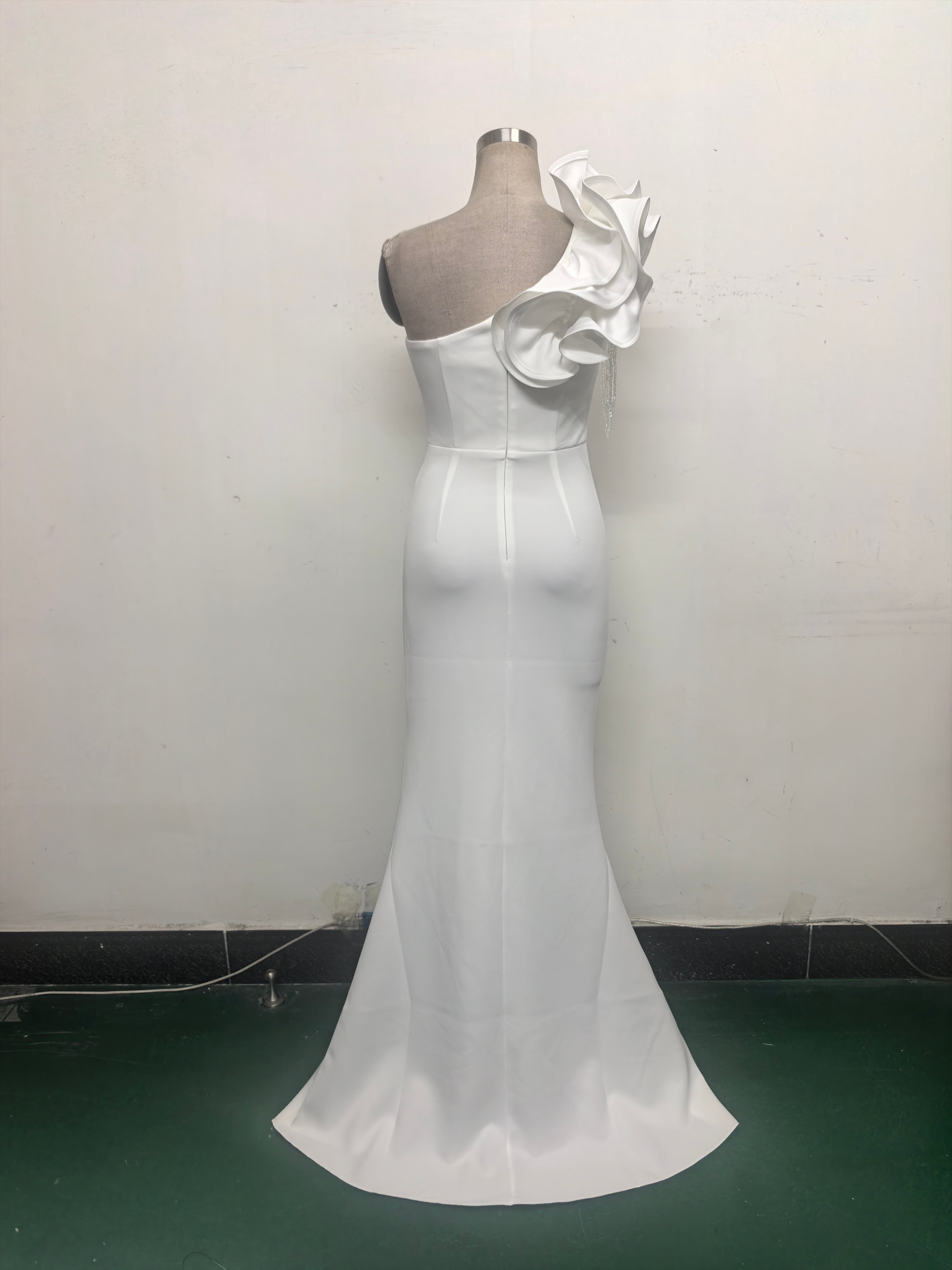 Women One-Shoulder Beaded Wool and Floral Satin Slit Sexy Evening Dress 35