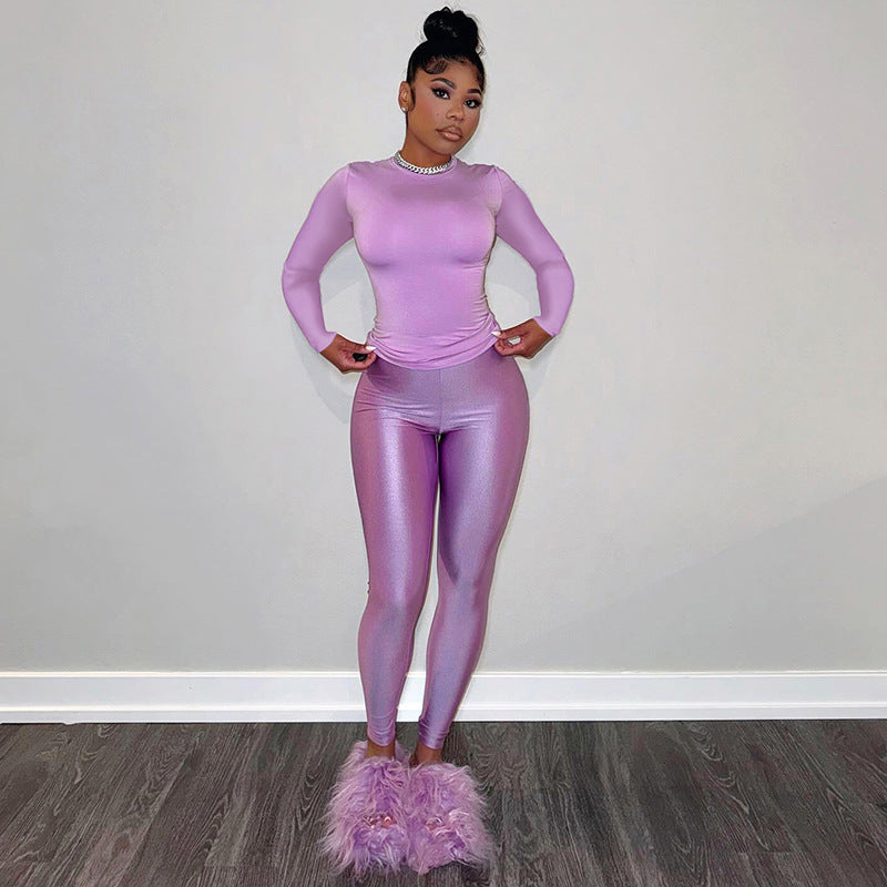 Women Round Neck Long Sleeve Top Pants Casual Two Piece Set 5