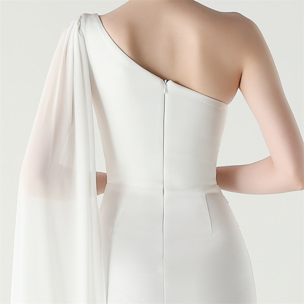 Women Tulle Shawl Beaded Tube Embroidery One Shoulder Evening Dress 46