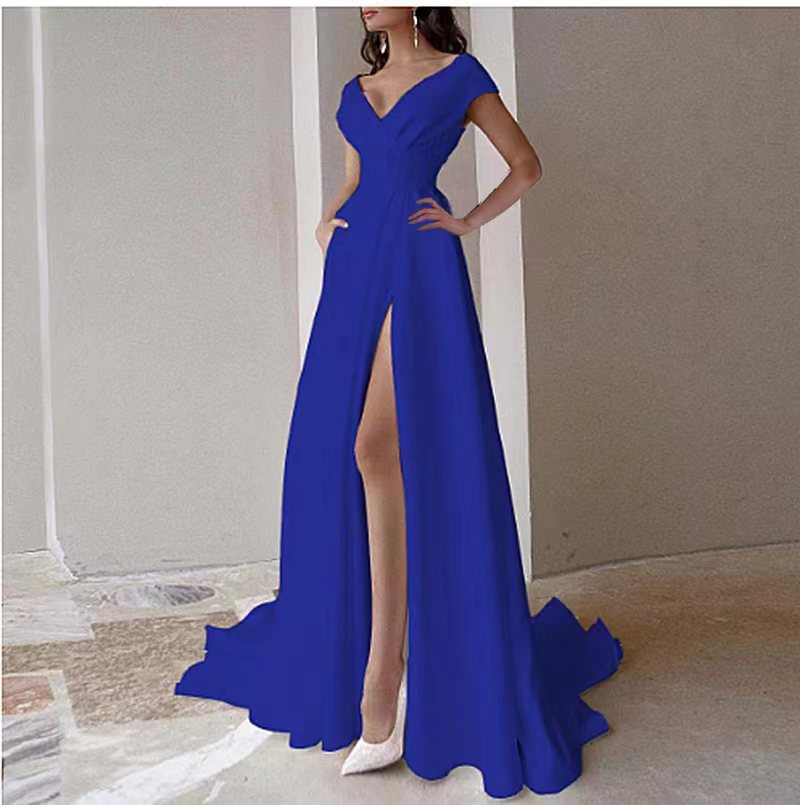 Women’s Chic Eveningwear Off Shoulder Solid Color Slit Maxi Dress 5