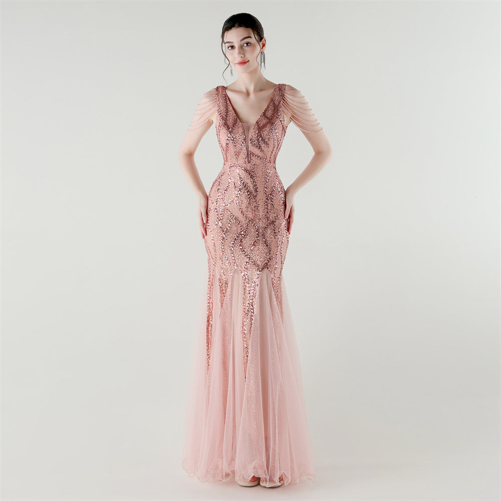 Spring Summer Low Back Sequined Mesh Slim Fishtail Party Evening Dress 11