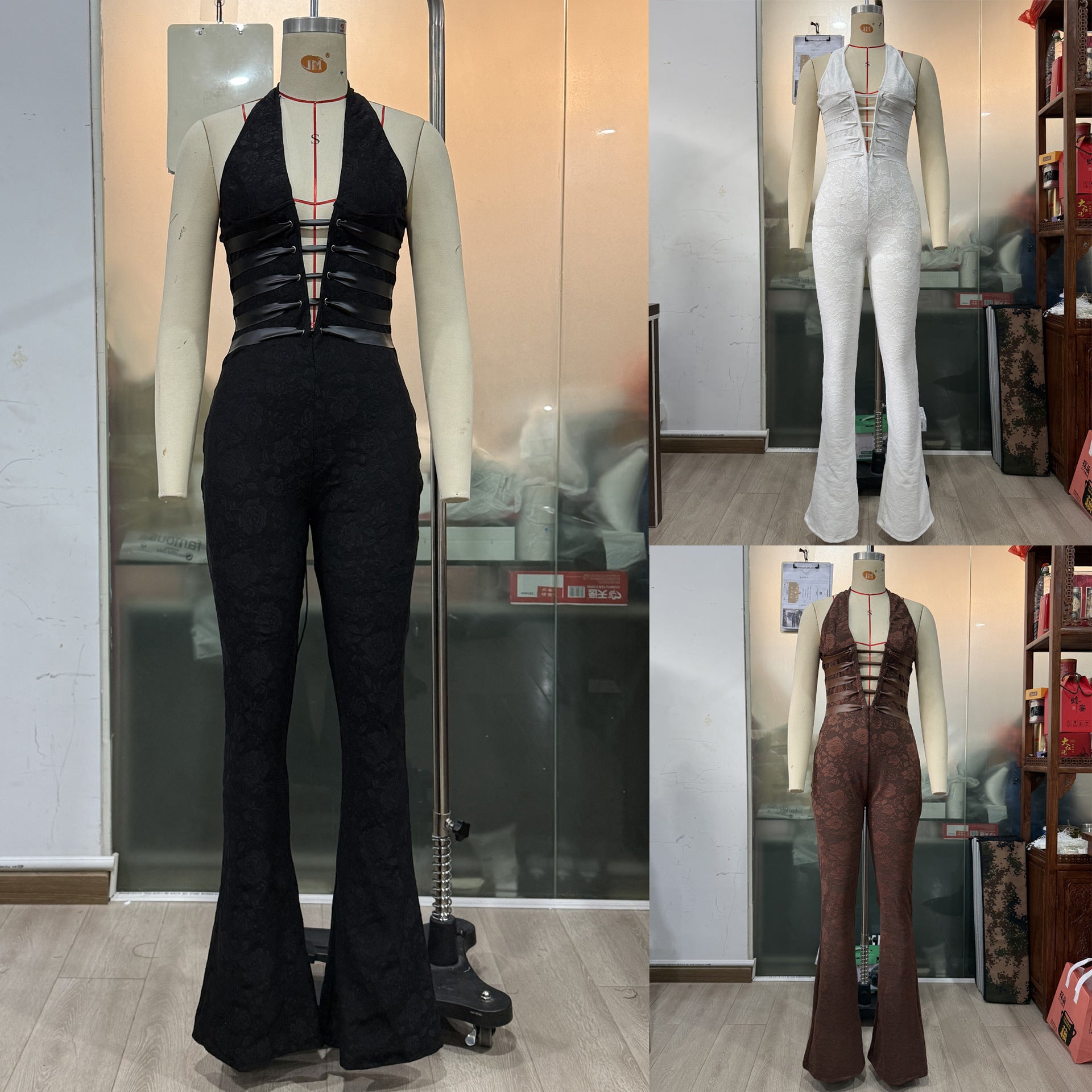 Sexy See-Through Lace Halter Lace-Up Slim-Fit Flare leg Jumpsuit 6