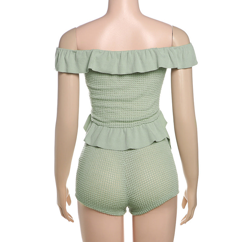 Women Summer Sexy Off Shoulder Lace-up Crop Top Shorts Two-piece Set 7