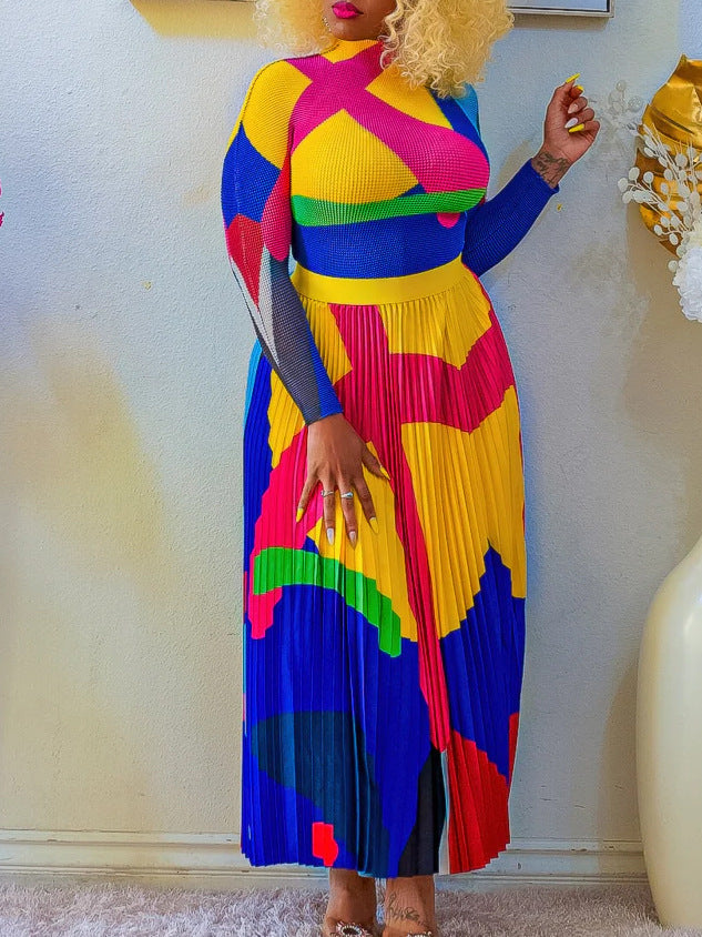 Women Autumn Pleated Print Contrast Color Long-sleeved Top and Skirt Two-Piece Set 10