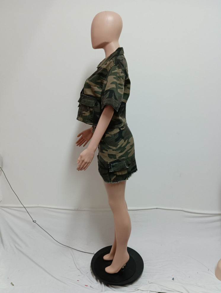 Women's Camouflage Pocket Irregular Sexy Two-Piece Short Skirt Set 7