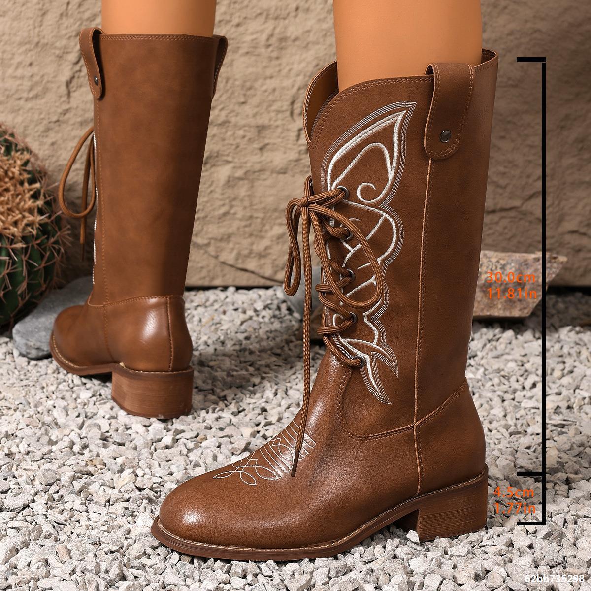 Women Embroidered Mid-Calf Western Denim Boots with British Style 13