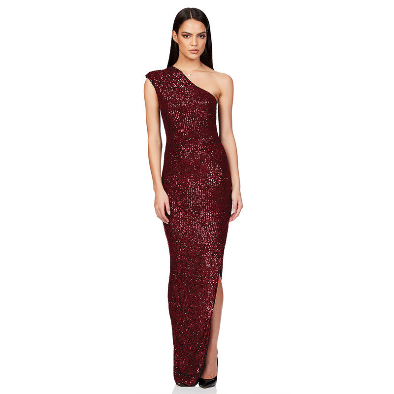 Women's One-Shoulder Sleeveless Sequined Slit Evening Party Dress 33