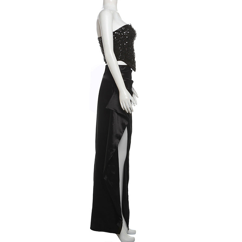 Women Sexy Sequin Strapless Top and Slit Skirt Two-piece Set 9