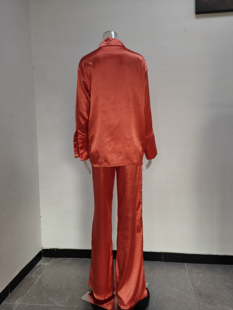 Solid Color Satin Long Sleeve Casual Two Piece Pants Set Trendy Lounge Wear 16