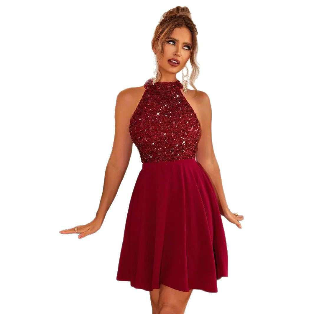 Summer Fashion Women's Beaded Halter Neck Short Dress 9