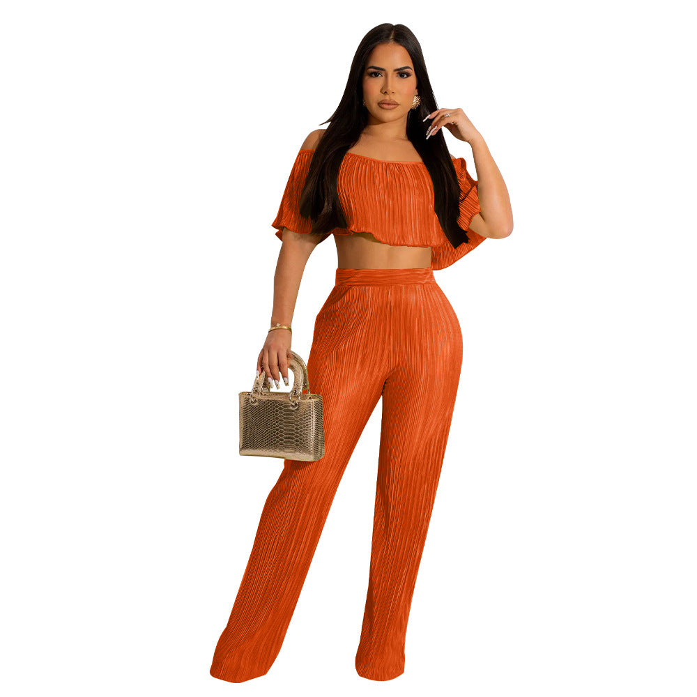 Women's Pleated Ruffle Off Shoulder crop top Wide Leg Pants two piece Set 16