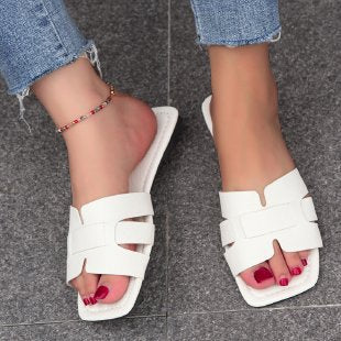 Plus Size Leather Patchwork Women's Slippers Flat Square Toe Women's Sandals 13