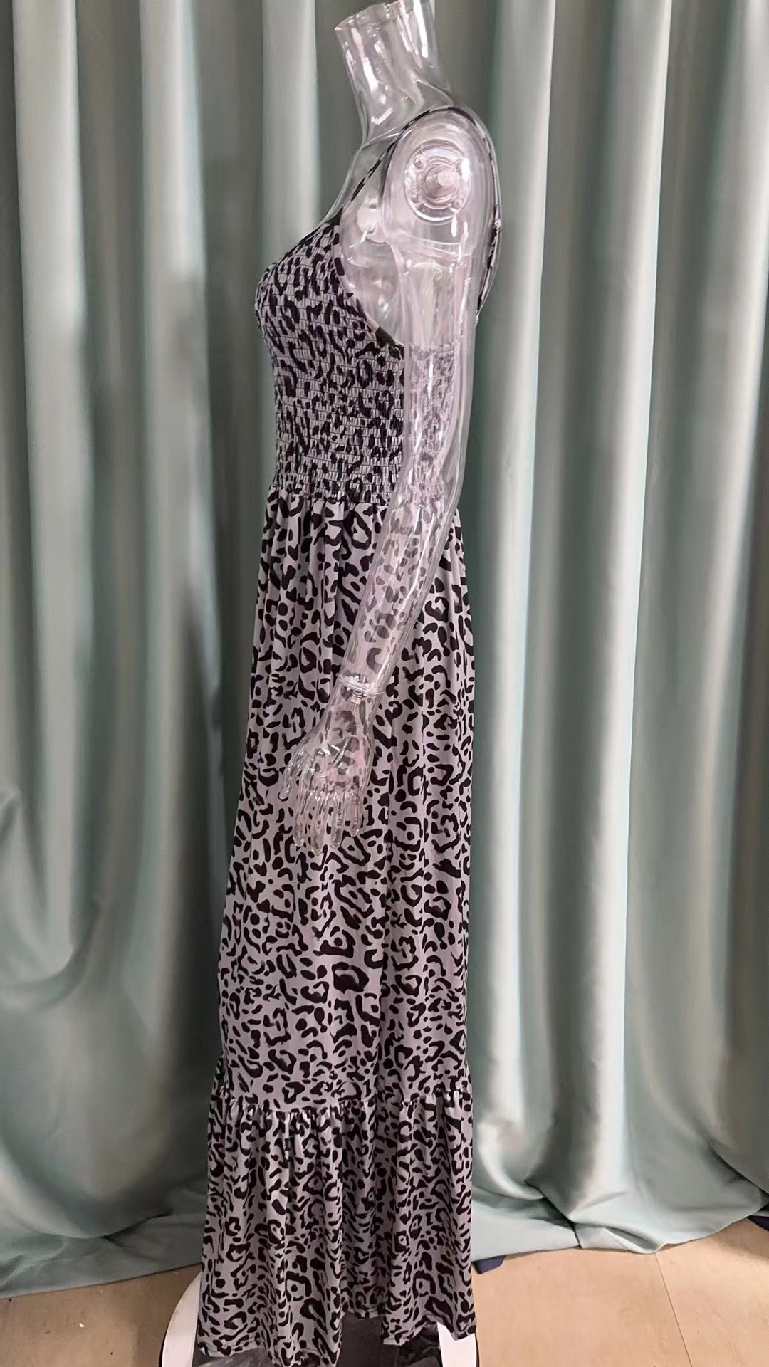 Summer Leopard Print V Neck Dress High Waist Sexy Chic Fashion Long Dress 29