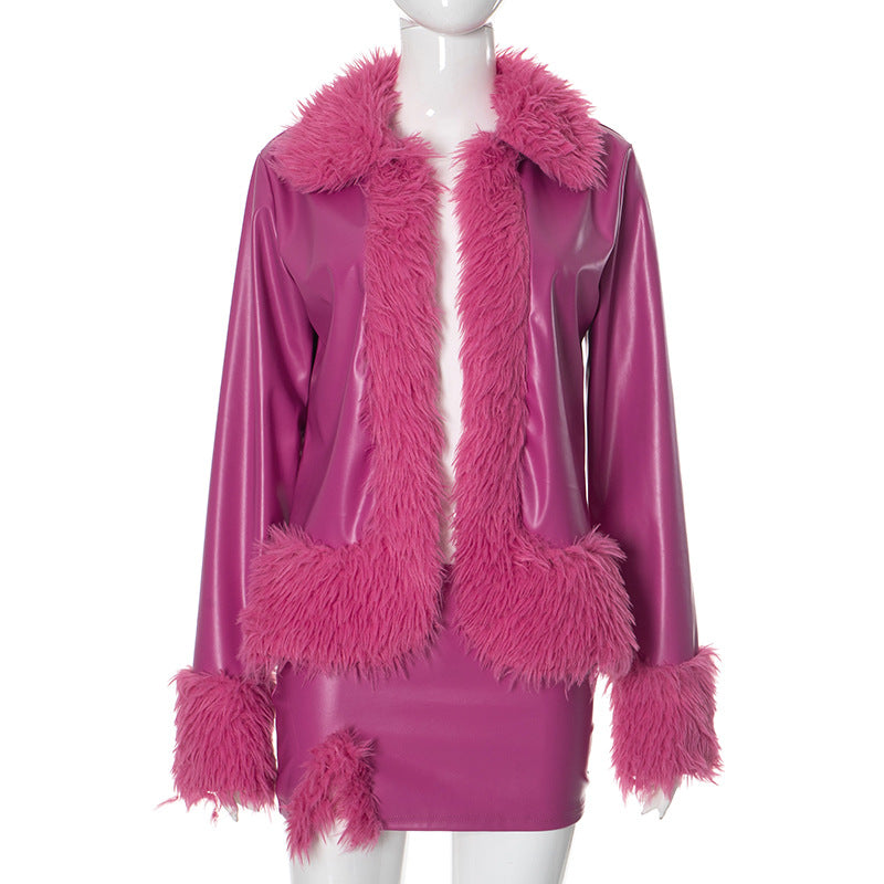 Women Pu-Leather Fur Collar Jacket and Skirt Two Piece Set 9
