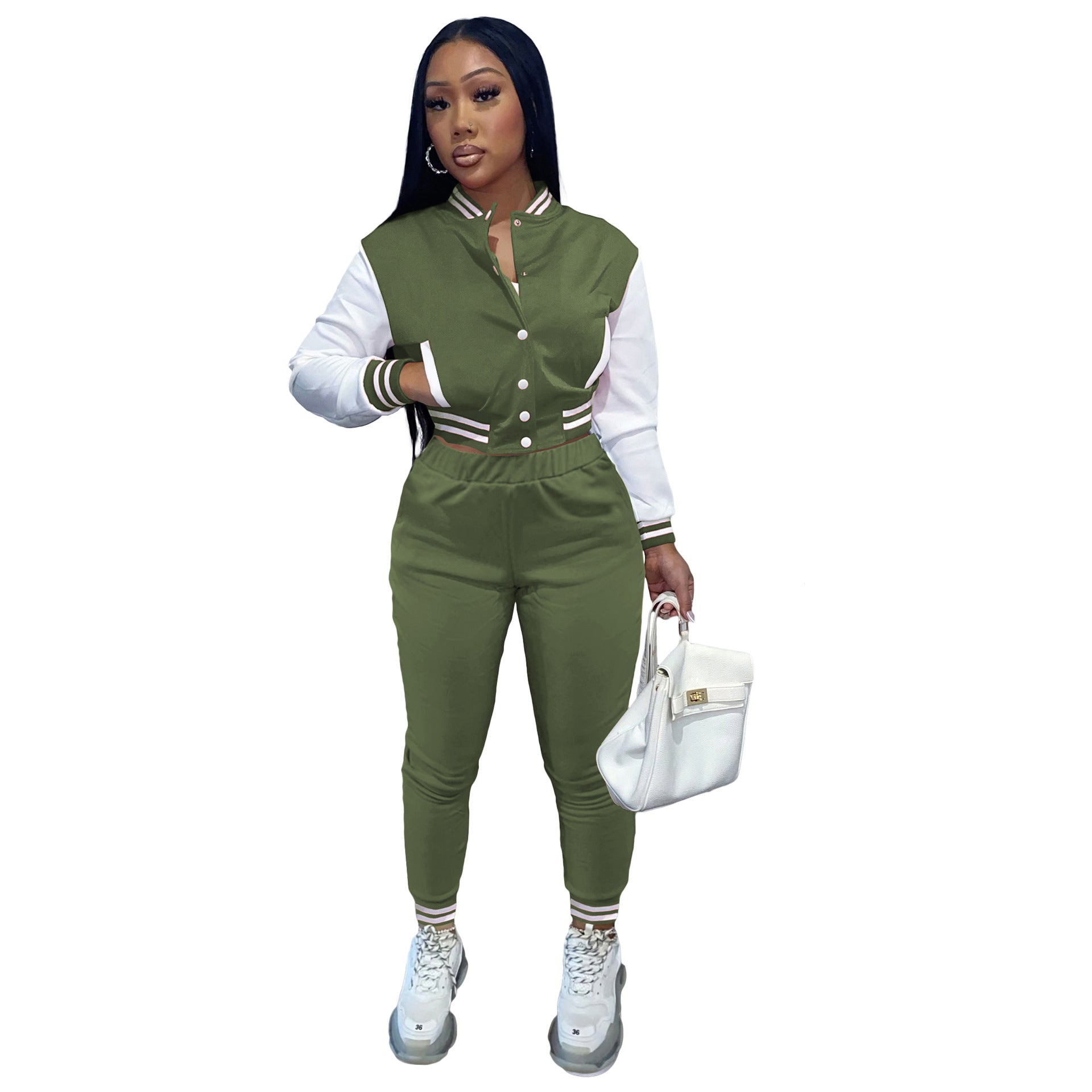 Women's Color Block Single Breasted Patchwork Long Sleeve Baseball Jersey Pants Two Piece Set For Women 22