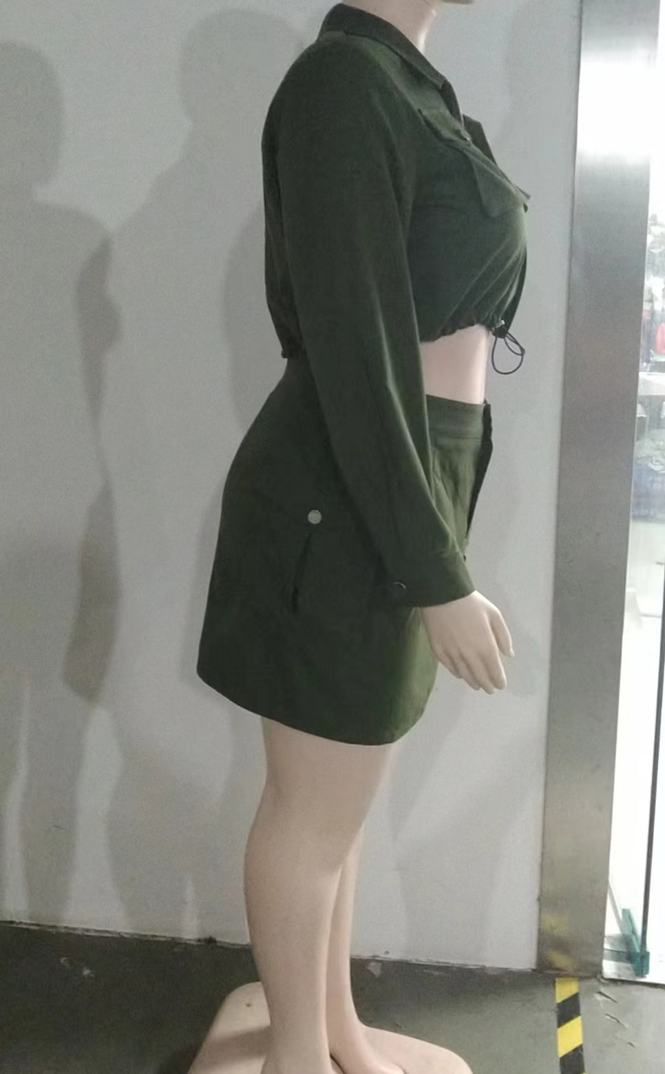 Women Turndown Collar Long Sleeve Pocket Top and Skirt Two-piece Set 9