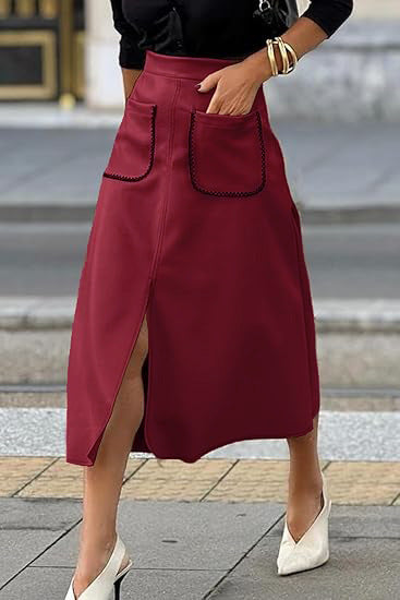 Women's Faux Suede Autumn And Winter Elastic Waist Front Pocket A-Line Midi Skirt 5