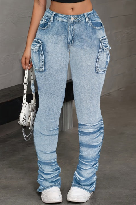 Women's Denim Side Pleats Mid Waist Elastic Dark Blue Cargo Stacked Pants 4