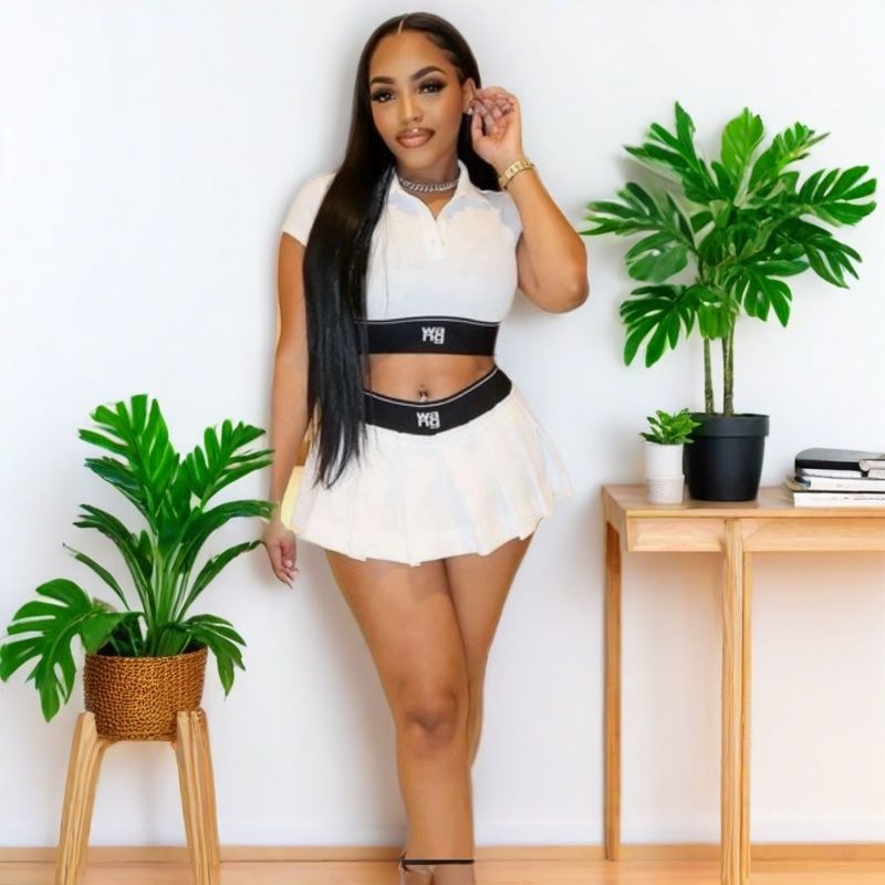 Casual Crop Letter Print Patchwork Turndown Collar Short-Sleeve T-Shirt Pleated Mini Skirt Set 7