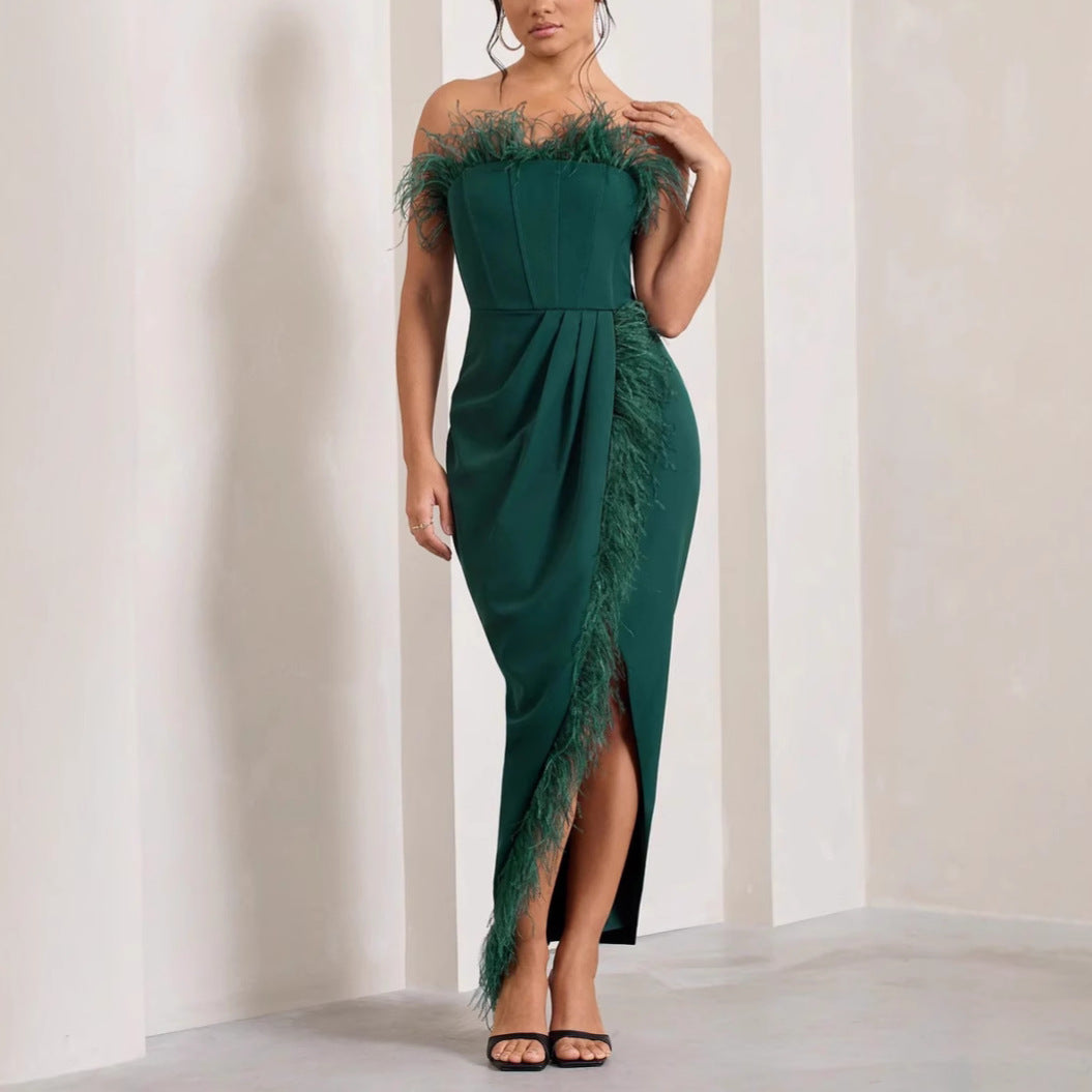 Women's Chic & Stylish Strapless Feather Party Dress