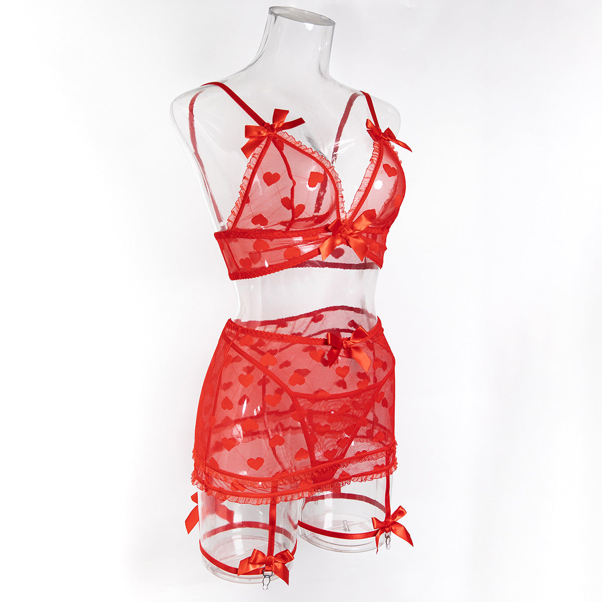 Women heart print see-through mesh bow lingerie with sexy lingerie 7