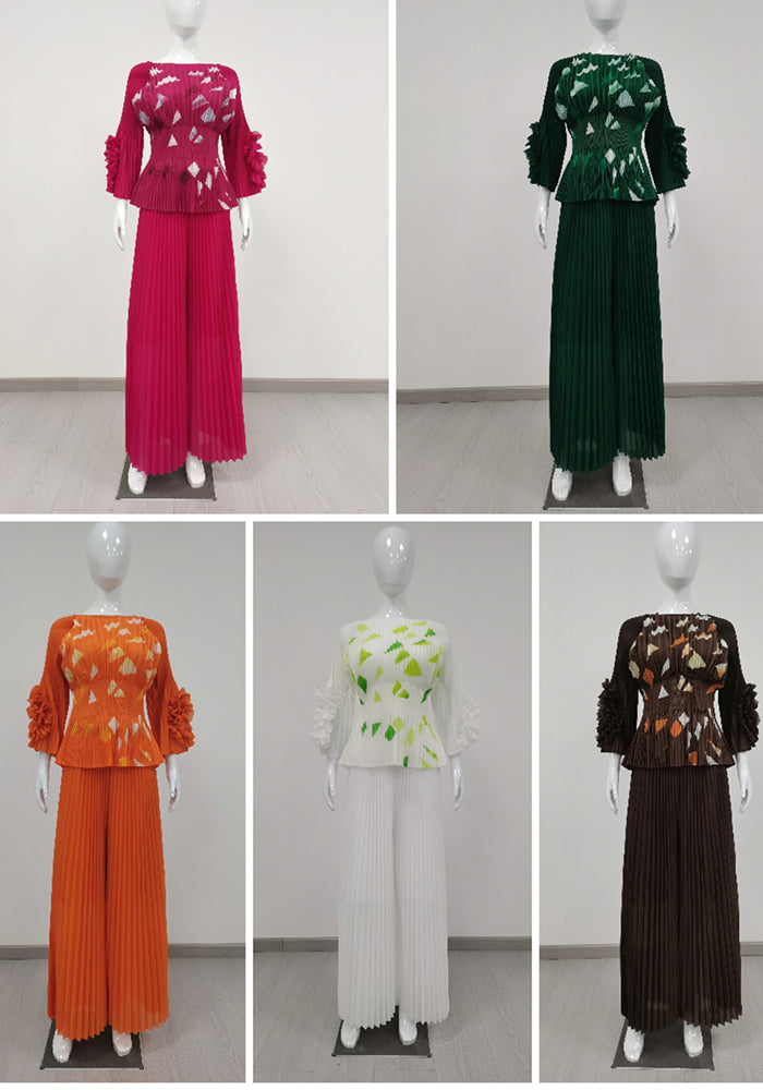 Plus Size Women Casual Pleated Top and Wide Leg Pants Two Piece Set