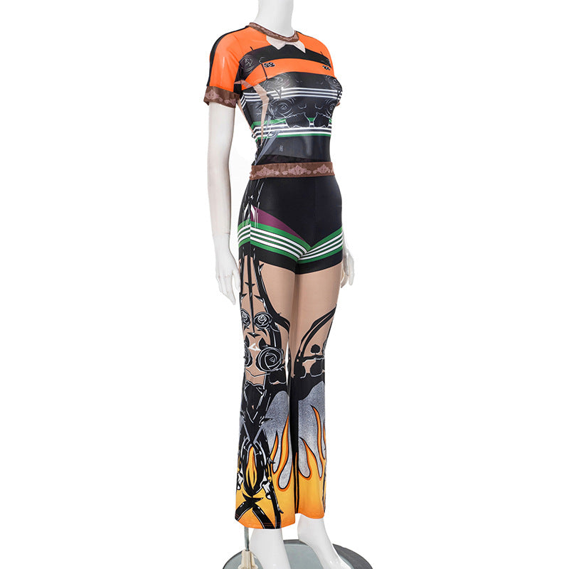 Women Spring and Summer Print See-Through Mesh Round Neck Top and Bell Bottom Pants two-piece set 9