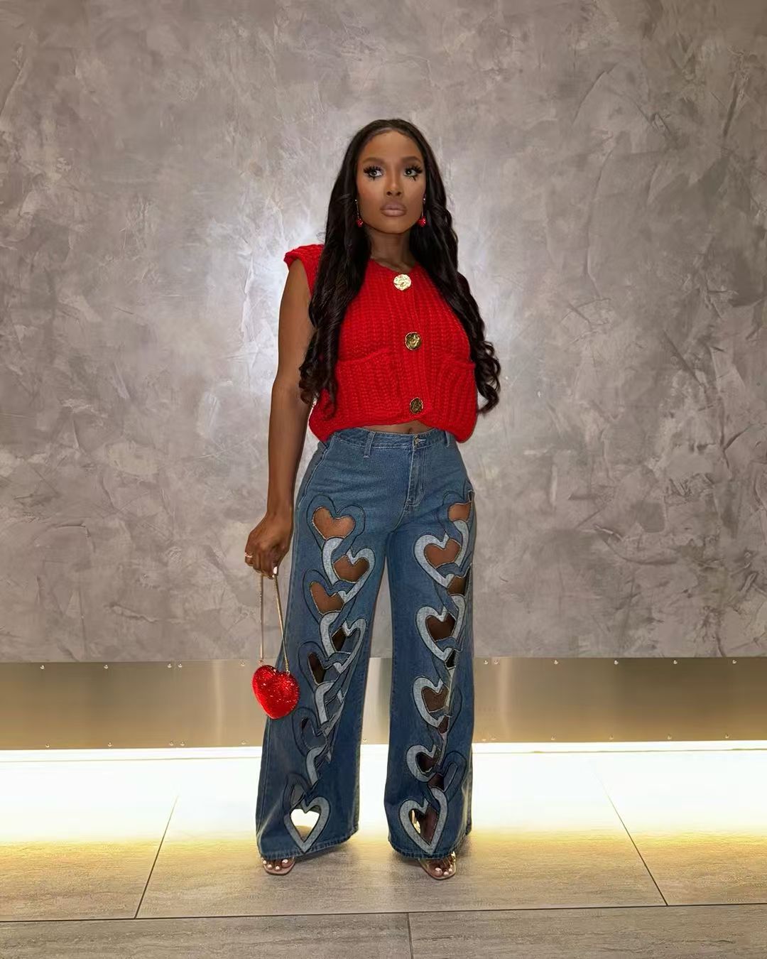 Women Stretchy Hollow Embroidery Heart Print Denim Pants 4