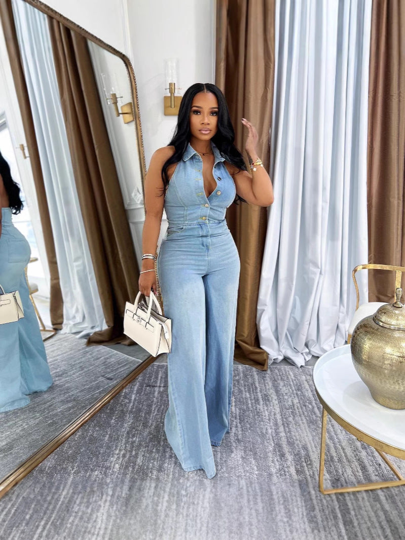 Women's Sexy Open Back Halter Neck Long Denim Jumpsuit 5