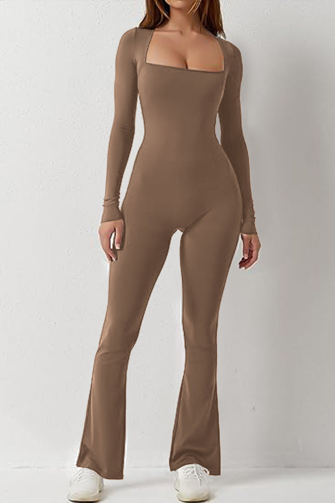 Women's Long Sleeve Square Neck High Stretch Slim Tight Fitting Jumpsuit 7