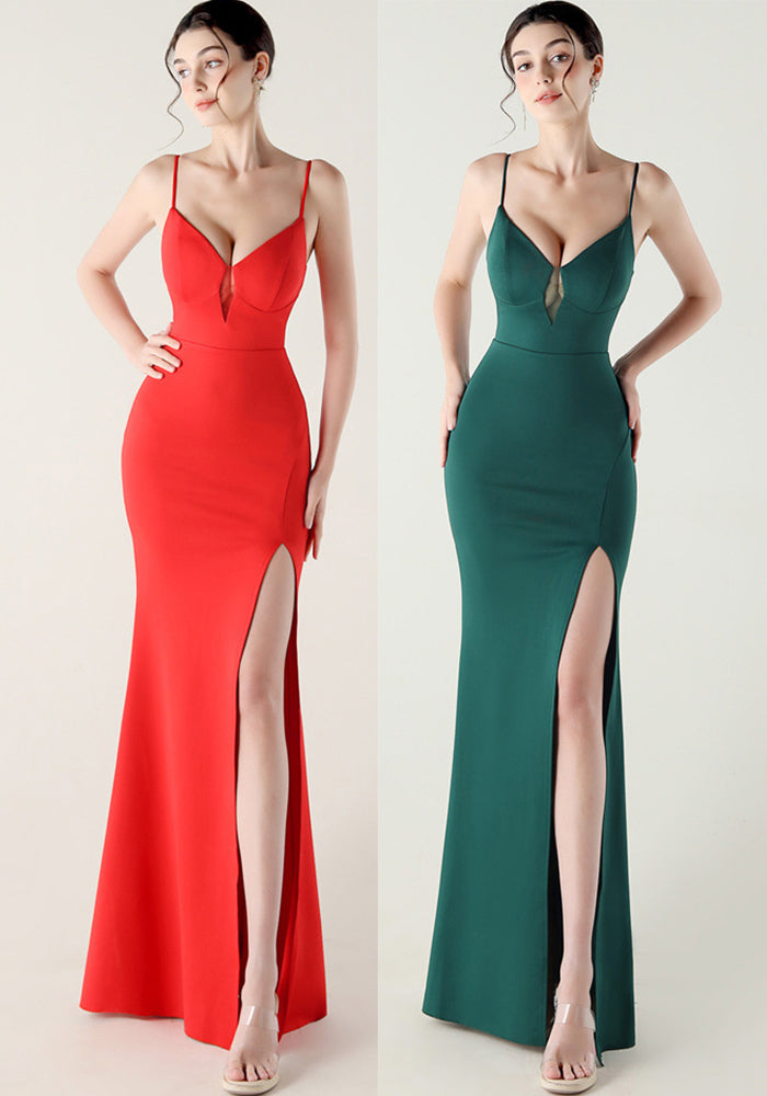 Women fishbone lace-up V neck suspender sexy formal party fishtail evening dress