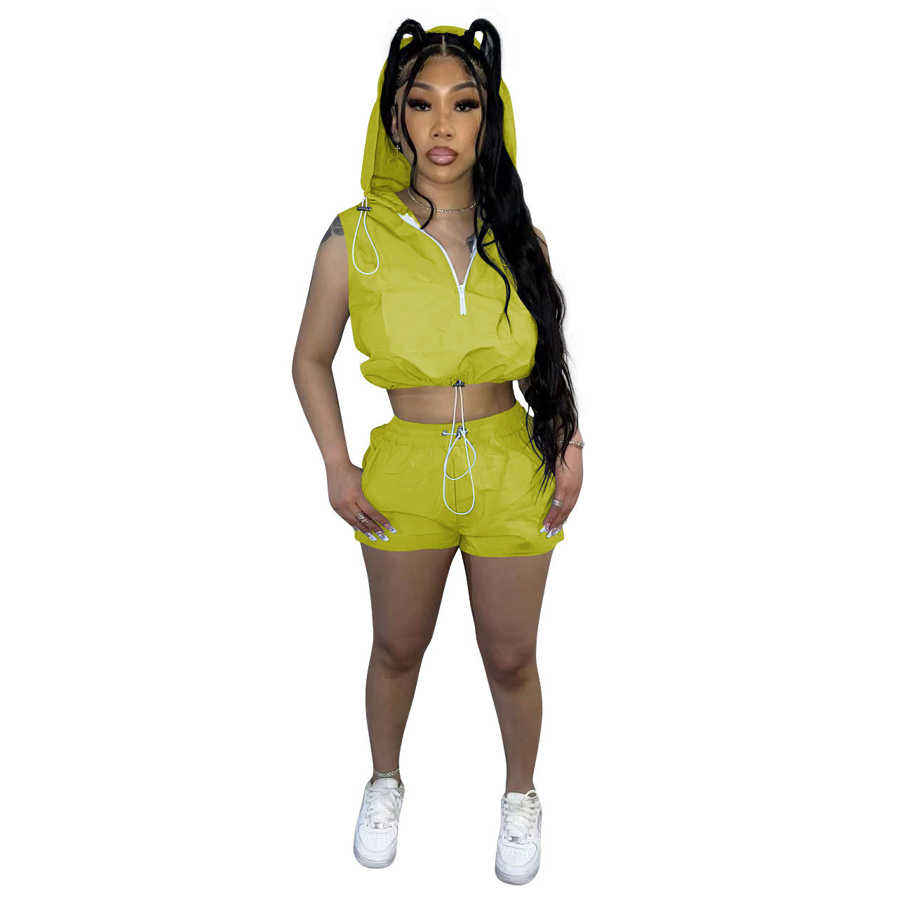 Women'S Fashion Casual Half Zip Hooded Sleeveless Two-Piece Shorts Set Women'S Clothing 14