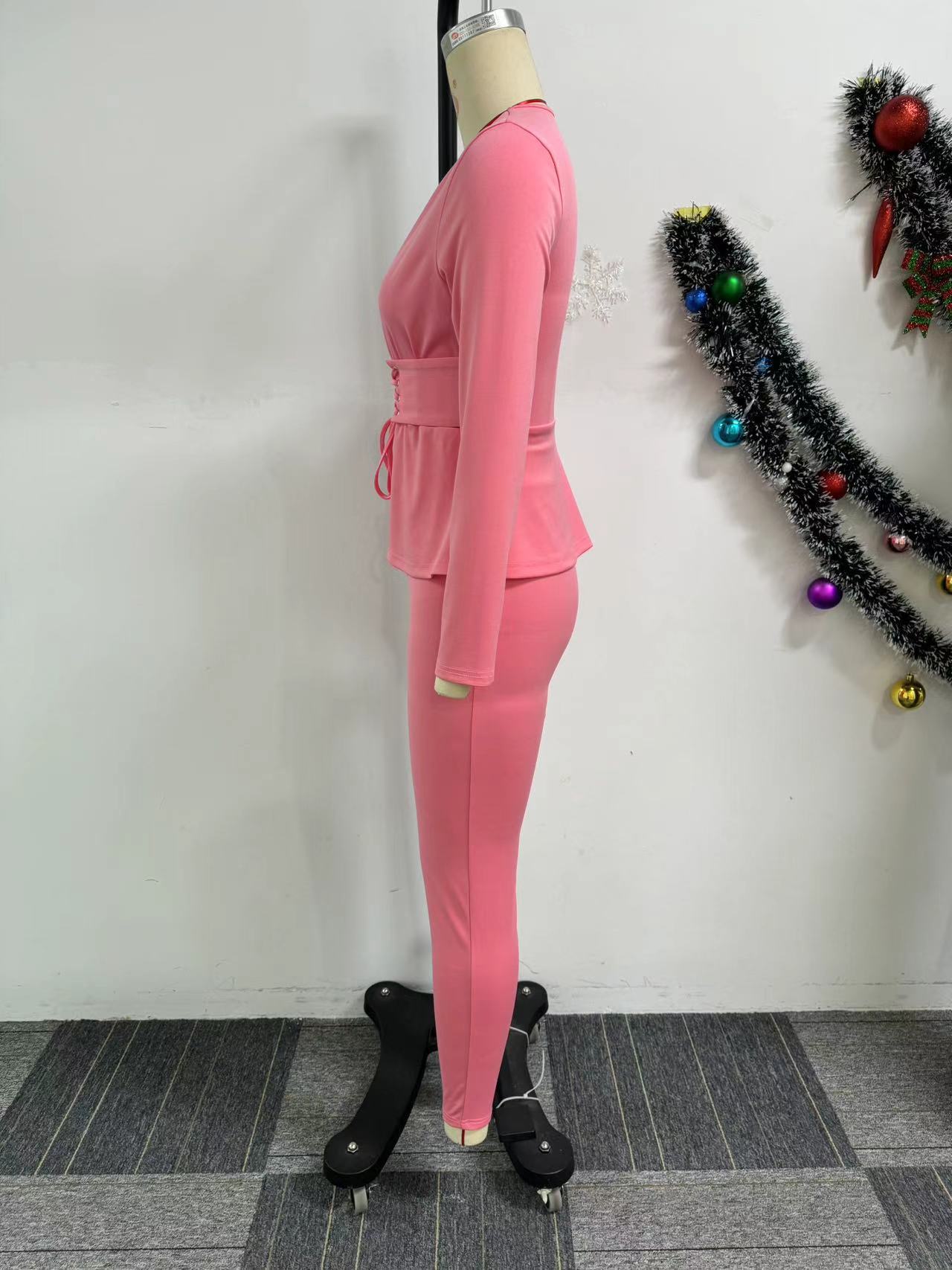 Solid Color V-Neck Slim Waist Long-Sleeved Pants Set 8